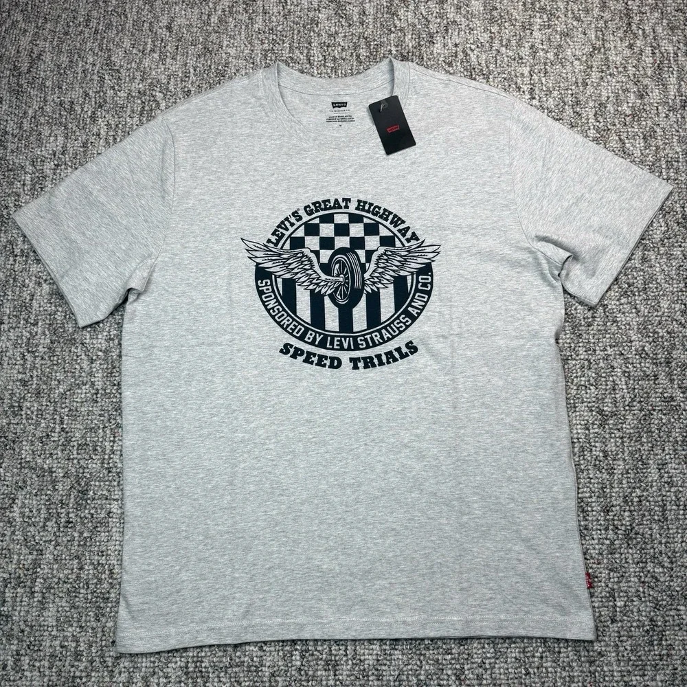 Levis Shirt Mens Medium Relaxed Great Highway Speed Trials Short Sleeve Gray NWT